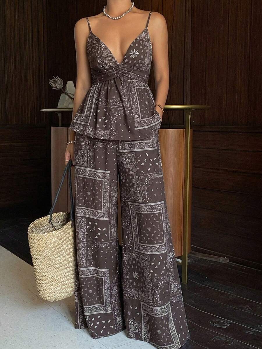 Livesso 2件套女士度假休闲吊带背心上衣和口袋裤 - 咖啡棕 - 查看 1