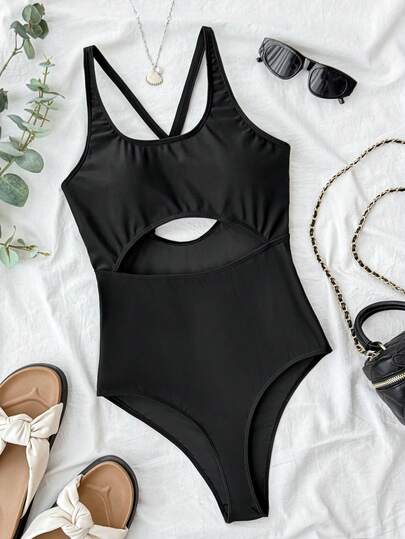 Traje de baño de una pieza de color negro sólido, de estilo casual y de moda para adolescentes, con escote en U y diseño calado, de diseño minimalista y elegante, adecuado para nadar y usar en la playa