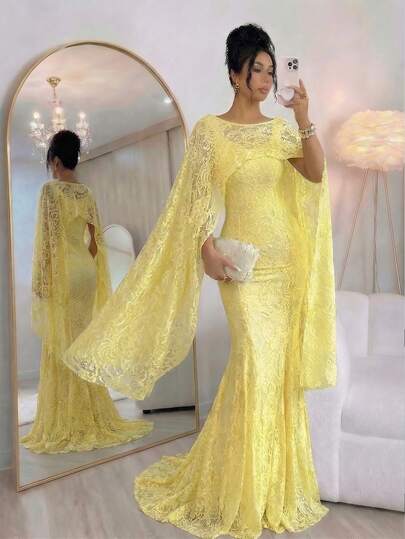 Rafferiza Women's Kurti Set, Arabic Style Outfit, Lace Solid Color Fitted Shawl With Square Neck And Extra Long Sleeves, Wide Collar Open Back Fitted Flared Maxi Dress, Elegant Luxurious Romantic Sexy For Spring/Summer Festivals, Vacations, Banquets, Weddings, Parties Reception Gown Evening Dresses Special Occasion Evening Wear Dresses For Woman Special Occasion