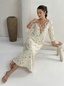 Yasmyna Women's Floral Print Long Sleeve Loose Arabic Style Dress - Green - View 6