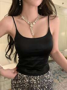 FRIFUL 女款純色休閒百搭約會之夜細肩帶背心上衣 夏季 - 黑色 - 查看 2