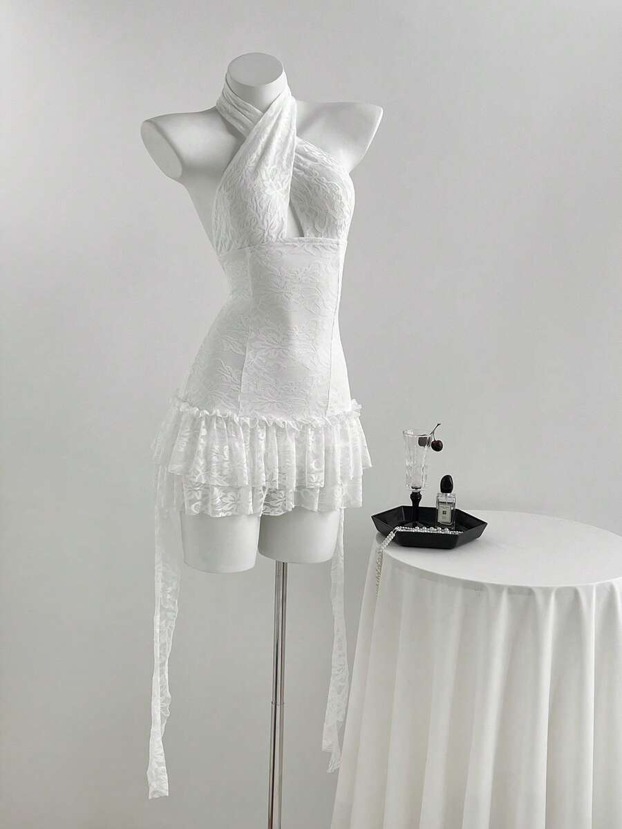 Elamini 女士蕾丝不对称下摆无袖露背吊带迷你连衣裙，性感时尚，适合春、夏、秋季穿着。 - 白色 - 查看 1