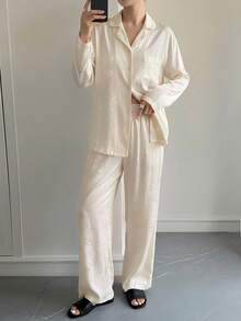 DAZY Chinese Style Bamboo Leaves Pattern Jacquard Satin Pajama Set Fall Winter Clothes - Beige - View 1