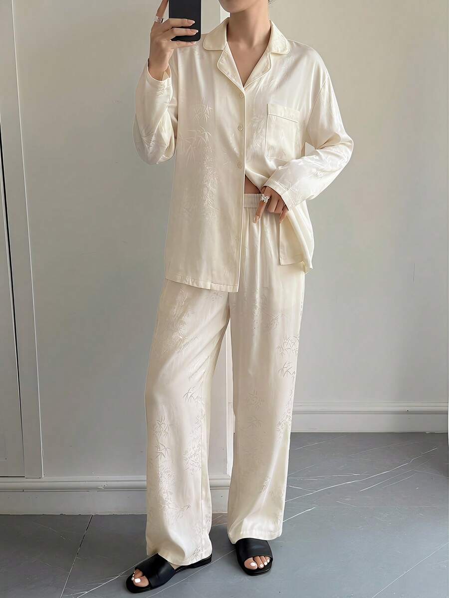 DAZY Chinese Style Bamboo Leaves Pattern Jacquard Satin Pajama Set Fall Winter Clothes - Beige - View 1