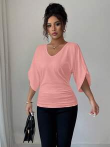 Elenzga Casual Solid Color Batwing Sleeve V-Neck T-Shirt, Summer - Baby Pink - View 5