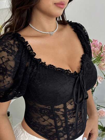 SHEIN EZwear 大码女士优雅性感纯色蕾丝上衣