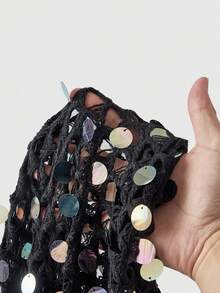 ROMWE Goth Áo khoác ngoài đính sequin móc len kiểu dáng nghỉ mát dành cho nữ - màu đen - Xem 6