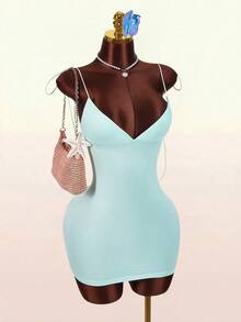 Amplova Đầm mini ôm sát gợi cảm hở lưng buộc dây hình bướm phong cách Y2K - Màu xanh lam - Xem 4