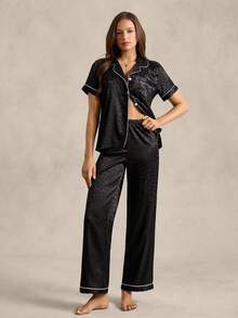EverLounge Jacquard Shawl Collar Cardigan Women Pajama Set - Black - View 1