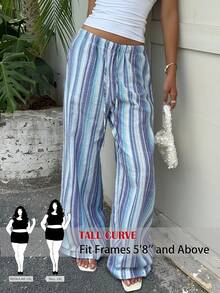 SHEIN Tall CURVE Quần ống đứng dáng rộng, cạp chun kẻ sọc cỡ lớn, kiểu dáng thường ngày. - Nhiều màu - Xem 1