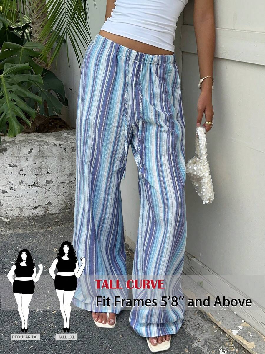 SHEIN Tall CURVE Quần ống đứng dáng rộng, cạp chun kẻ sọc cỡ lớn, kiểu dáng thường ngày. - Nhiều màu - Xem 1