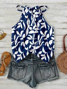 SHEIN LUNE Women's Blue & White Floral Print Halter Neck Camisole, Suitable For Spring/Summer Vacation - Multicolor - View 2