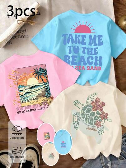 3pcs/Set Girls' Casual Chic Creative Refreshing Minimalist Hawaiian Beach Sunset Landscape Graphic Print Basic Short T-Shirts, White/Pink/Purple, Comfortable Daily Wear, Suitable For Spring, Summer & Autumn
