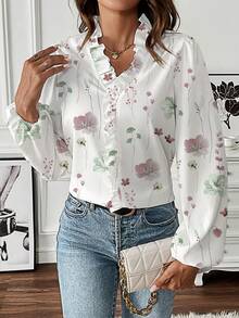 EMERY ROSE Women's Long Sleeve Floral Print Frill Trim Long Shirt - Multicolor - View 4