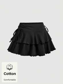 SHEIN MOD 女士纯棉抽绳褶皱细节纯色蛋糕裙，适合夏季、节日、海滩、婚礼、度假、复古风，黑色高腰层叠荷叶边迷你裙，飘逸A字侧系带伞裙，可爱俏皮修身裙，Y2K芭蕾风街头派对风格 - 黑色 - 查看 5