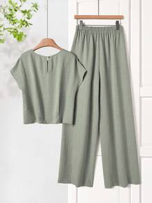 Rusticease 女士纯色圆领短袖上衣搭配松紧腰阔腿裤休闲套装 - 綠色 - 查看 2