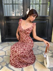 Serisse Women's Ruffle Hem Front Tie Plaid Elegant Mid-Length Dress - Dark Red - View 8