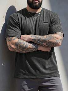 ResortEase Men Plus Letter Patched Detail Drop Shoulder Tee - Black - View 1