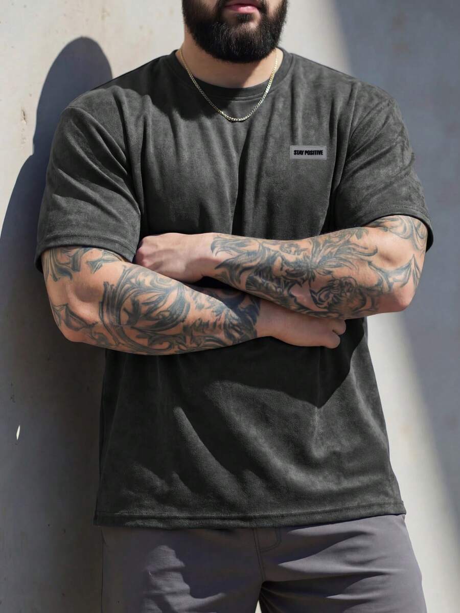 ResortEase Men Plus Letter Patched Detail Drop Shoulder Tee - Black - View 1