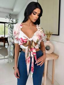 Vavine White Floral Print Ruffle Trim Short Sleeve Tie Front Cropped Top, Summer Boho Beach Vacation Holiday Brunch For Women - Multicolor - View 7