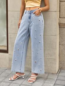Selenza Nuevos jeans de pierna recta holgados con bordado floral diminuto, efecto estilizante para mujeres - Lavado ligero - Ver 6