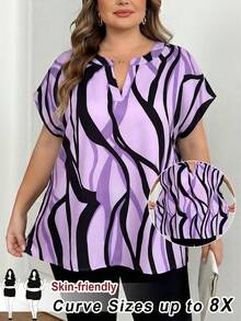 SHEIN CURVE+ 大码女式V领休闲百搭日常衬衫 - 淡紫色 - 查看 1