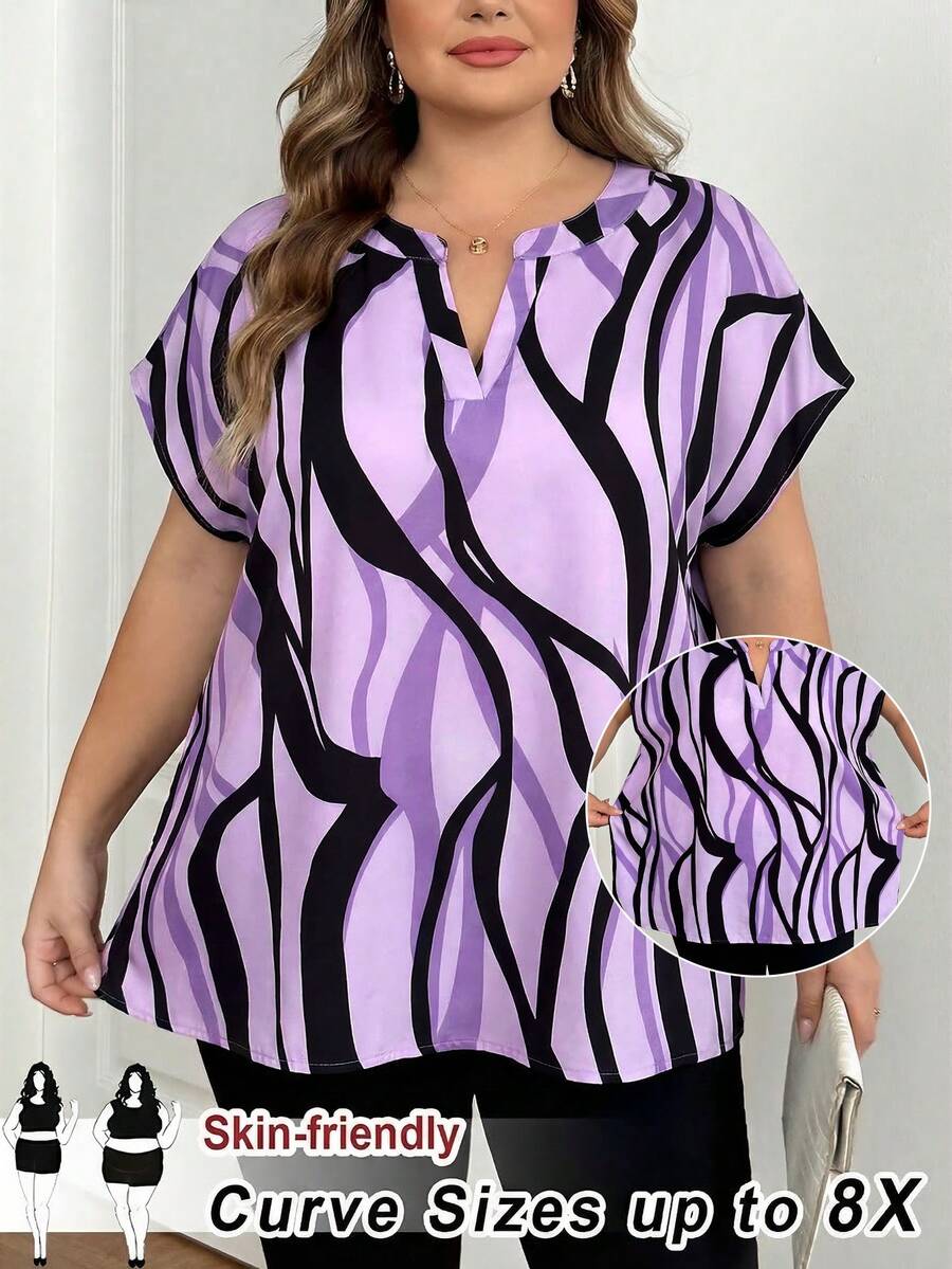 SHEIN CURVE+ 大码女式V领休闲百搭日常衬衫 - 淡紫色 - 查看 1