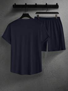 Manfinity Homme Men's Casual Solid Color Short Sleeve T-Shirt And Shorts Set, Summer - Navy Blue - View 2