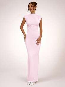 SHEIN BAE Apricot Asymmetric Ruched Bodycon Dress, Elegant Basic Minimalist Long Dress, Spring/Summer,Summer Dresses For Women - Coral Pink - View 4