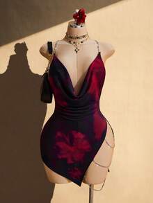 SHEIN ICON Plus Size Women's Black And Red Summer 70's Night Out Club Party Dress,Retro V-Neck Side Slit Diamond Chain Decoration Floral Print Slim Fit Elegant - Multicolor - View 1