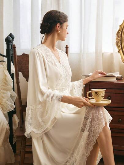 Côtesoire ثوب نوم نسائي من الدانتيل البني الفاخر والمريح بتصميم فاخر وعتيق، مناسب للارتداء المنزلي