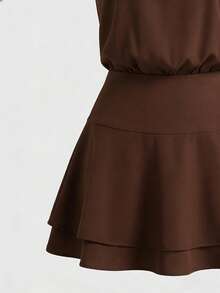 SHEIN ChicEase 2026新款棕色露背系带荷叶边迷你连衣裙，无袖高领露背A字裙，适合派对、日常休闲穿着。 - 棕色 - 查看 6