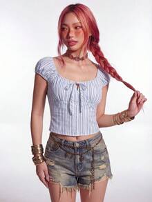 Rina Fox Áo sơ mi mùa hè dáng ôm, kẻ sọc, buộc dây phía trước, cài cúc. - Xanh và trắng - Xem 3