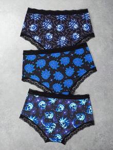 Rick and Morty X SHEIN 3pcs Women's Lace Trim Black Series Panties, Dark Style - Black - View 2