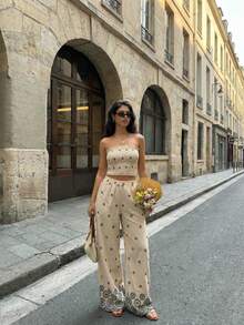 Firerie 女士度假撞色印花优雅休闲弹力修身褶皱上衣阔腿裤套装抹胸上衣和裤子套装女士夏季服装女士两件套度假服装女士度假两件套波西米亚风女装花卉假日度假村 - 彩色 - 查看 4