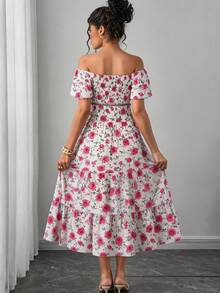 Momance 孕妇优雅印花露肩抽绳褶皱短款上衣和高腰层叠下摆半身裙两件套，夏季 - 彩色 - 查看 2