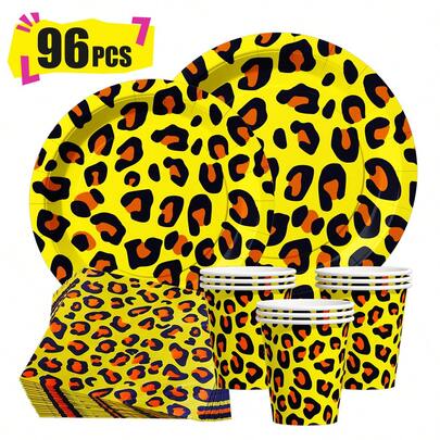 黄色背景豹纹一次性餐盘、餐巾纸和杯子，派对用品套装，可供 24 人使用，一次性纸质派对餐具，适合生日、婚礼、主题派对、家庭野餐。