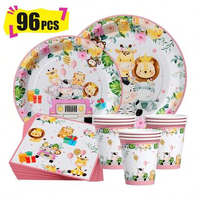 Colorful Cute Pets Party Disposable Plates, Napkins And Cups, Party Supplies Set, Serves 24 People, Disposable Paper Party Tableware, Suitable For Birthdays, Weddings, Theme Parties, Family Picnics.