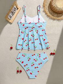 SHEIN 少女格子樱桃印花吊带泳衣，可爱度假风，细肩带无袖设计，胸部有衬里，适合游泳、冲浪、度假、新年、春假、海滩等场合。 - 藍色 - 查看 2