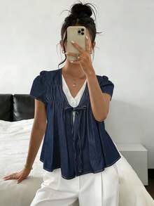 Siren Gaze 女士休闲系带短袖牛仔衬衫 - 深色水洗藍 - 查看 5