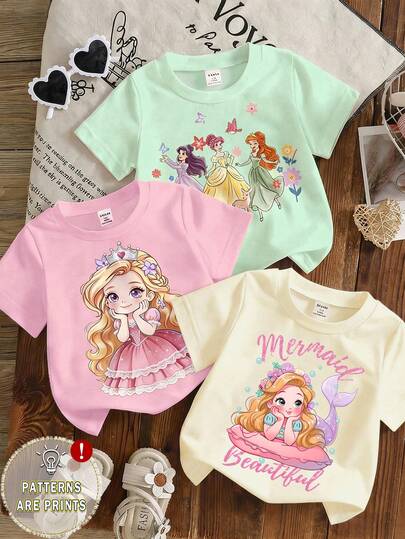 3件套女婴休闲舒适时尚创意可爱卡通公主美人鱼印花短袖T恤套装，适合春夏日常穿着。