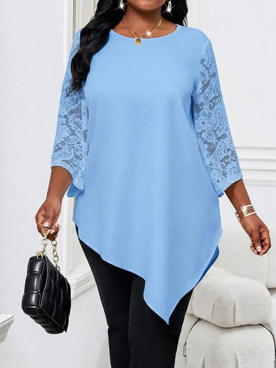 SHEIN Lady Plus Size Women's Blue Metallic Round Neck 3/4 Sleeve Loose Asymmetric Hem Elegant Shirt Women's Lace Ruffle Sleeve Going Out Stylish Clothing Collection Casual Shirt For Women - Blue - View 1