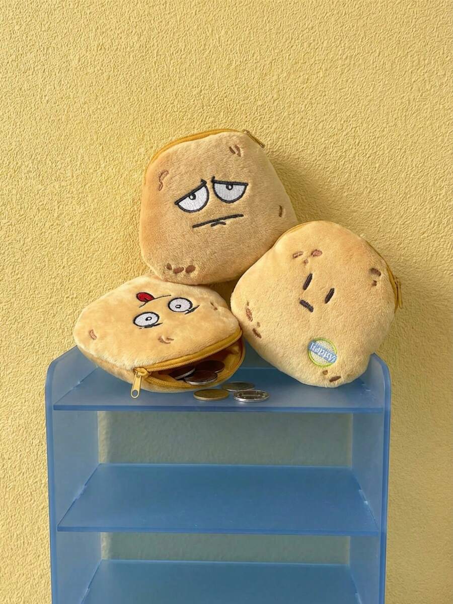 Joivida 1个可爱笑脸黄色土豆零钱包，卡通阳光土豆毛绒收纳袋，钥匙扣小包，卡哇伊包包挂饰 - 卡其色 - 查看 1