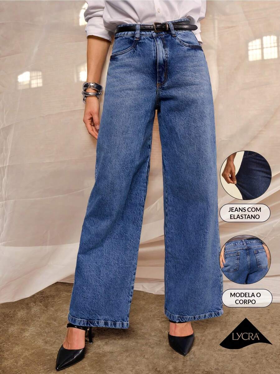 Daynim Quần jeans ống rộng cạp cao không thắt lưng
