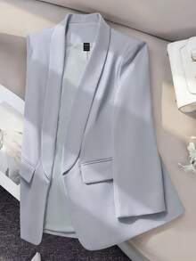 Lumivelle Áo blazer nữ mùa xuân/thu kiểu dáng công sở tối giản, màu trơn, cổ shawl, nhẹ, thích hợp đi làm. - Màu xanh bụi bặm - Xem 8