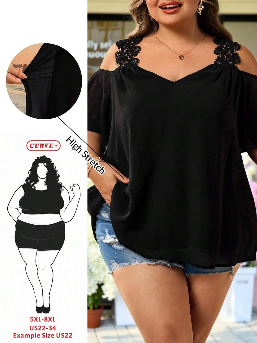 SHEIN CURVE+ Plus Size Women's Summer Vacation Casual Solid Color Off-Shoulder Short Sleeve Blouse - Black - View 1