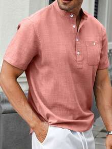 Manfinity CasualCool 双色休闲立领短袖衬衫半扣衬衫男士夏季亨利衫男士短袖纽扣衬衫 - 粉色 - 查看 3