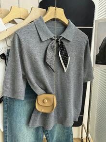 Franclia New Spring/Summer Casual Minimalist Round Neck Sleeveless Top, Featuring Paisley Print, Polka Dot Patchwork, French Elegant Style, Cropped Silhouette, Optimized Proportions, Suitable For Dresses Or Pants, Relaxed Fit, Ribbed Trim At Sleeve Cuffs And Neckline, Color Blocking Bow Design - Grey - View 5
