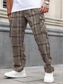 Manfinity Homme Plus Size Men's Fashionable Plaid Print Straight Leg Pants - Khaki - View 5