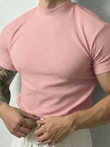 GymBeat Camiseta deportiva de manga corta de punto acanalado de unicolor casual para hombres, verano, gimnasio - Rosa - Ver 3